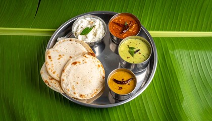 South Indian Thali Meal on Banana Leaf, Overhead View.