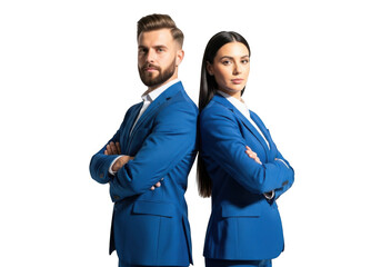 Confident business partners in blue suits standing back to back isolated on transparent background