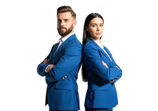 Confident business partners in blue suits standing back to back isolated on transparent background - Powered by Adobe