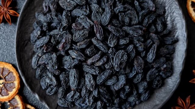 Sweet, dry black or blue raisins made from grapes are a healthy and nutritious food. Black raisins as a food background for your design