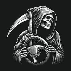 Grim Reaper Driving: A Darkly Humorous Automotive Illustration.