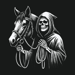 Grim Reaper and Horse: A Hauntingly Beautiful Monochrome Illustration.