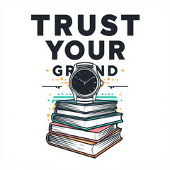 Trust your grind typography design with clock and books symbolizes motivation and hard work. The illustration inspires focus, consistency and self-belief to achieve goals