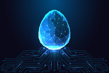 Futuristic glowing digital egg over circuit board, symbol of artificial intelligence and innovation