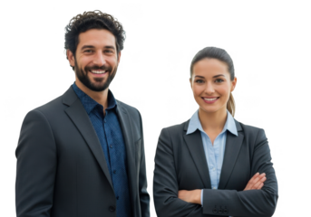 Smiling business man and woman colleagues standing together isolated on transparent background