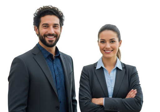 Professional business partners smiling in formal suits, confident corporate team of man and woman, successful entrepreneurs in office attire isolated on Transparent Background