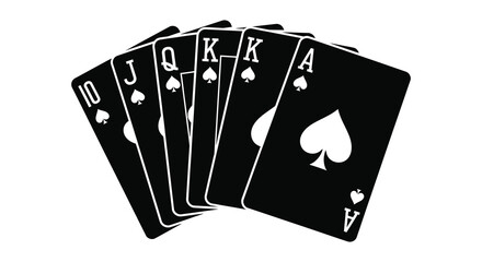 A striking black and white depiction of five playing cards arranged in a fan shape