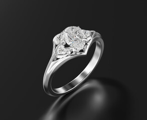 Silver Platinum Diamond Ring Marquise and Heart Isolated on Black Background 3D Rendering