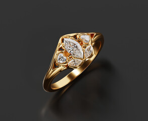 Gold Diamond Ring Marquise and Heart Isolated on Black Background 3D Rendering