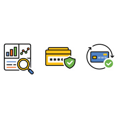 Data Analytics Search, Secure Password Folder and Verified Payment Process Icons