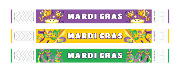 Mardi Gras Festival Wristband Set with Crowns, Carnival Costumes, Confetti, Beads, Jester Symbols, Shoes, Feathers and Maracas
