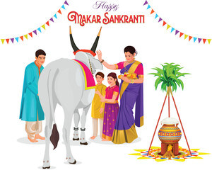 Obraz premium Indian Family Celebrating Traditional Makar Sankranti Festival, farmers performing a pooja (worship) to their bulls is a key part of the Makar Sankranti, Pongal festival, Happy Pongal Harvest Festival