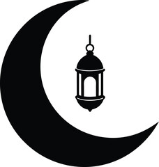 Fototapeta premium Crescent moon with lantern silhouette vector art illustration and minimal black and white design