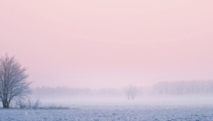Bare winter trees in pink sky mist over a snow-covered field