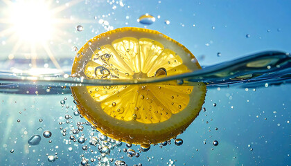 水中に沈むレモンスライスと水しぶきのフレッシュな瞬間。Fresh Lemon Slice Splashing into Water Underwater.