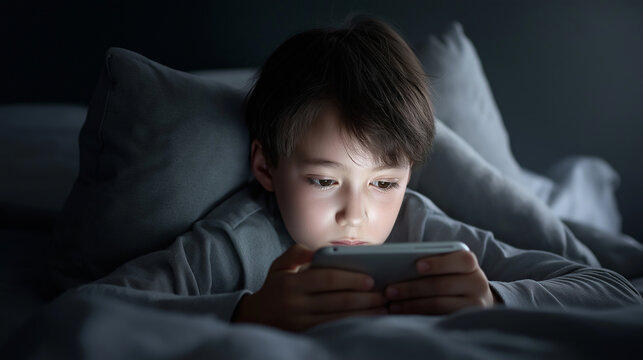 Young child wrapped in a blanket using a smartphone at night illuminated by screen light symbolizing digital childhood and screen time.
