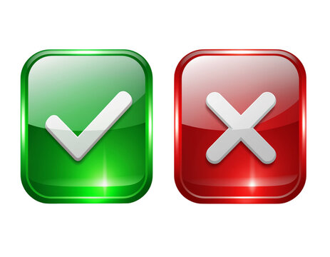  Green Check and Red Cross Glossy Square Icons with White Symbols, isolated on a transparent background.