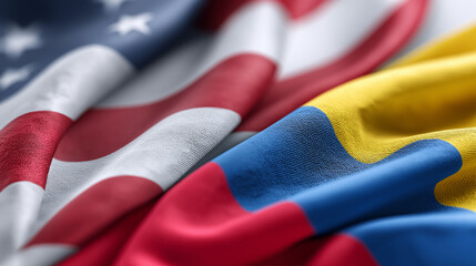 Close-up of the United States and Colombia flags waving together
