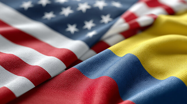 Close-up of the United States and Colombia flags waving together
