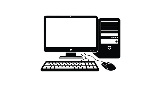 Simple black and white illustration of a desktop computer setup with monitor keyboard and mouse