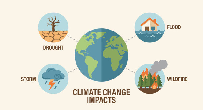 Climate change impacts infographic with Earth and natural disaster icons
