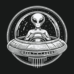 Alien Piloting Spaceship Through Starry Cosmos Illustration.