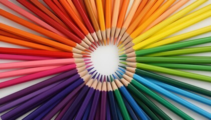 Fototapeta premium Vibrant colored pencils arranged in a circular pattern on a white surface display