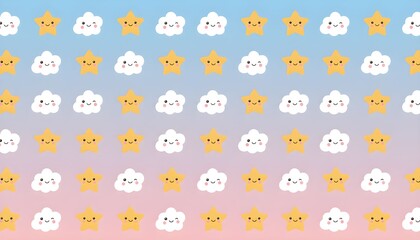 Smiling cartoon clouds and suns fill the sky with happy faces in a colorful gradient background