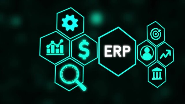 ERP, Enterprise resource planning concept. Connections between business intelligence, HR and CRM modules. Glowing neon line of ERP system icon concept isolated on transparent background.