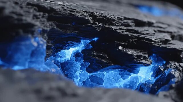 Closeup of vibrant blue flames emanating from cracks in dark textured rock formations creating a striking contrast of light and shadow.