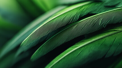 Close-up of layered green feathers creating a rich natural texture, symbolizing nature, elegance, and abstract organic design.
