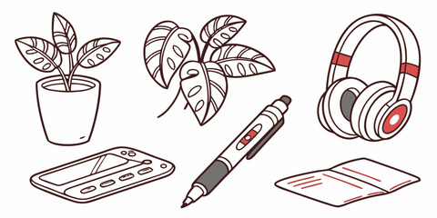 Collection of simple line art icons featuring essential modern desk accessories like potted plants headphones a mechanical pencil and a handheld device