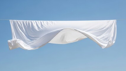 White fabric flowing in the wind against a clear blue sky, symbolizing freedom and purity.