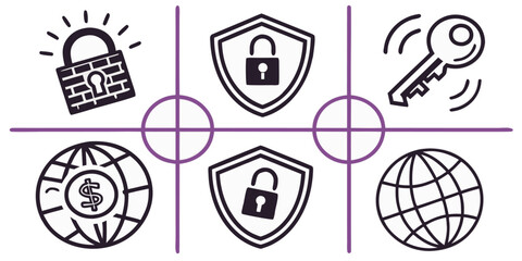 Digital security concept illustrated by a tic-tac-toe grid featuring icons representing global finance online protection encryption and access keys