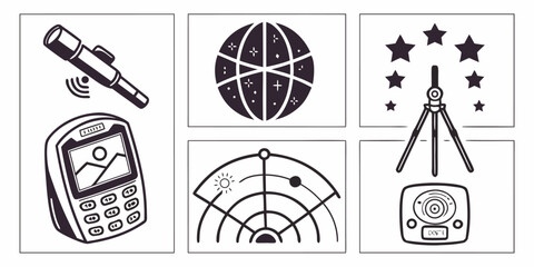 Collection of stylized black and white icons representing astronomical observation tools navigation and celestial mapping for science or exploration projects