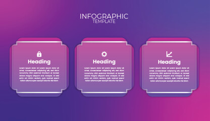 Modern purple 3-section infographic template with layered cards, soft shadows, and icons for business presentations, workflows, and data visualization.
