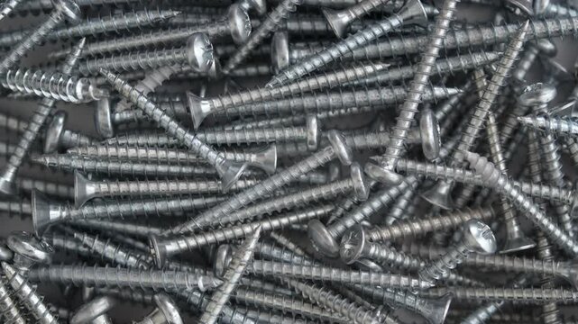 Close-up pile of metallic screws with sharp threads and shiny textured heads