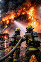 Two firefighters are standing in front of a fire, one of them is holding a hose. The fire is very large and the firefighters are trying to put it out