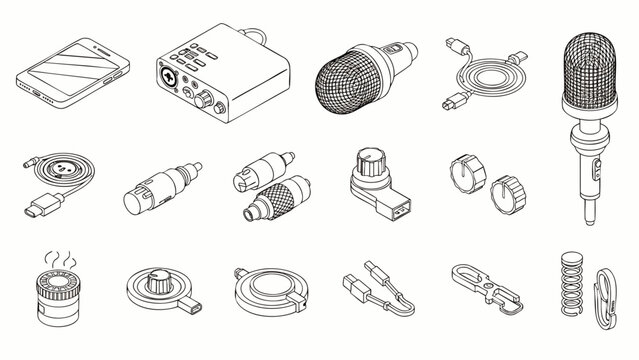 Comprehensive collection of audio recording equipment and electronic gadgets, including microphones, smartphone, and cables, in isometric line art.