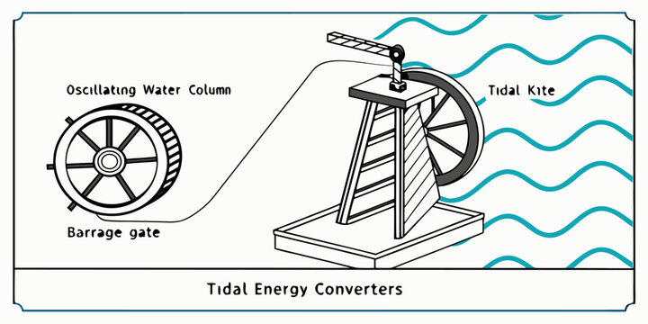 Diagram illustrating various renewable ocean energy technologies including the oscillating water column barrage gate and the tidal kite system conversion principle