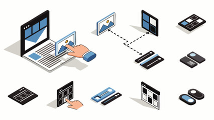 Isometric web design and UI/UX development process, showcasing responsive layouts, digital data transfer, and interactive user interface elements.