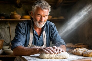 Senior baker kneading dough for homemade artisan bread