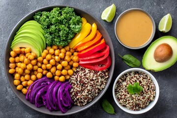 Healthy buddha bowl with quinoa, chickpeas, kale and vegetables