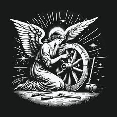Angel of Innovation: A Celestial Being Fixing a Wheel.