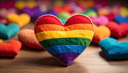 Rainbow heart patch on wood surface showcasing LGBTQ+ pride, love, and handcrafted inclusivity