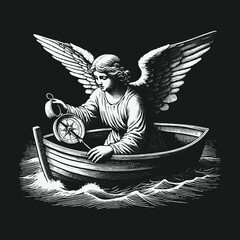 Angel navigating the sea with a compass in a boat.