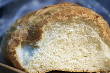 Close-up view of a sliced loaf of white bread with golden-brown crust