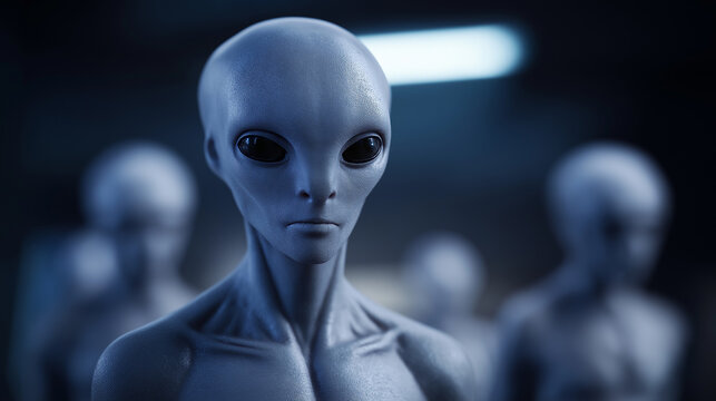 Grey alien figures standing in a futuristic environment symbolizing extraterrestrial life and science fiction.
