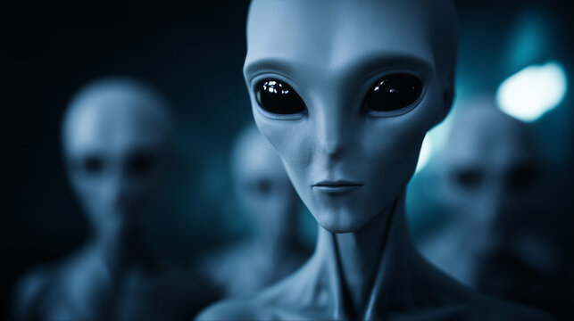 Grey alien figures standing in a futuristic environment symbolizing extraterrestrial life and science fiction.
