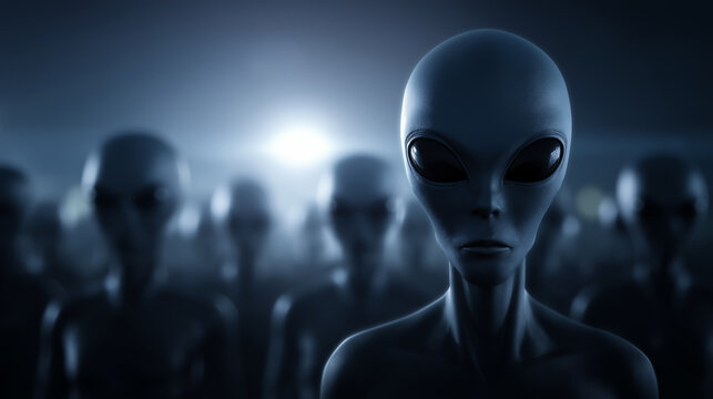 Grey alien figures standing in a futuristic environment symbolizing extraterrestrial life and science fiction.

